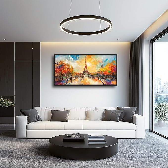 Framed Large Eiffel Tower Wall Art for Living Room, Oversized Paris City Street Landscape Wall Decor, Colorful Sunrise Canvas Painting Modern Artwork for Living Room Bedroom Office 60"x30"