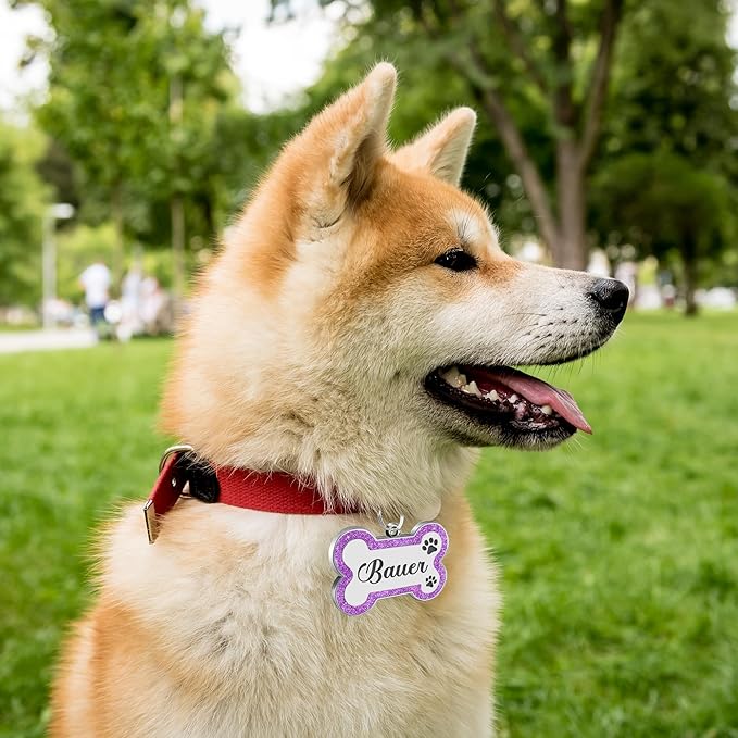 Dog Tags Personalized for Pets Dog Name Tags Personalized Dog Tag Engraved with Any Name & Text Custom Dog ID Tags Glitter Bone ID Tag for Puppy Cat (Purple L, Bone)