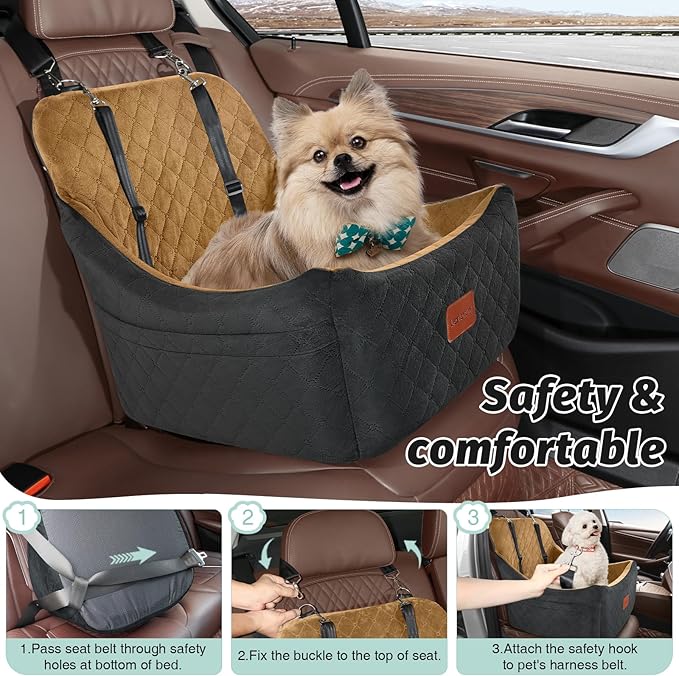 Dog Booster Car Seat for Up to 35lbs Pets,Easy to Install,Fully Detachable and Washable,Anti-Slip Base,Snug Puppy Car Seat with 2 Clip-On Leashes(Black/Coffee,Medium)