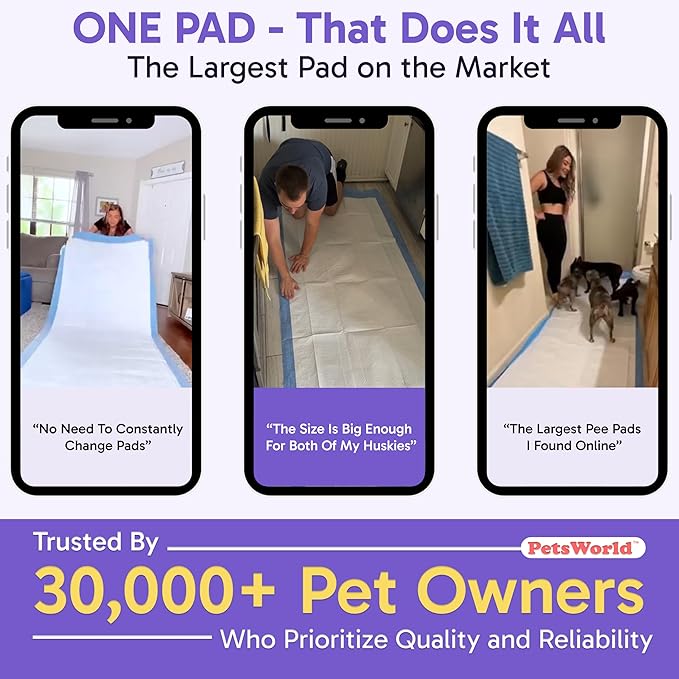 PETSWORLD Mega-Sized Dog Pee Pads (40" x 99") –4XL Gigantic Pet Piddle Pads for Puppy Training, Incontinence–Doggie Absorbent Mat with Adhesive Sticky Tape –Leak Proof, 5-Layer Protection (60 Count)