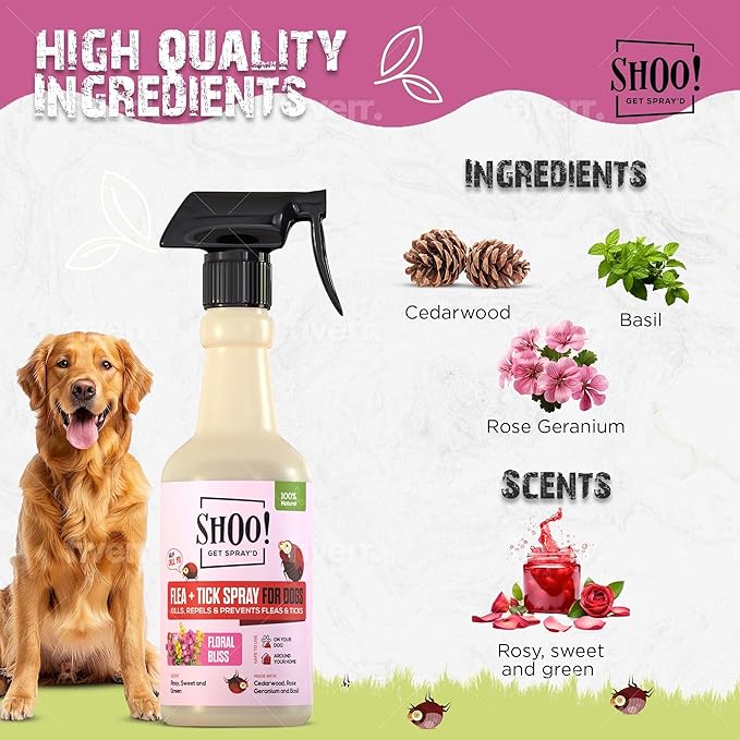 Shoo! Flea & Tick Spray for Dogs and Home | Plant Based, Natural Oils, Chemical Free Formula | Kills, Repels, Prevents | 16 oz (Floral Bliss)