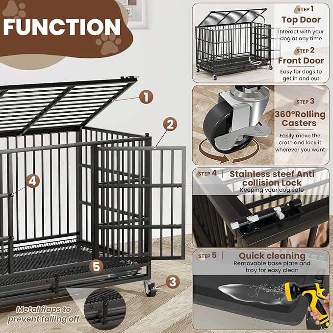 LEVELEVE 48 Inch Heavy Duty Indestructible Dog Crates for Large Dogs，Escape Proof Dog Cage Large Dogs with Lockable Wheels，Dog Kennel Furniture Indoor&Outside