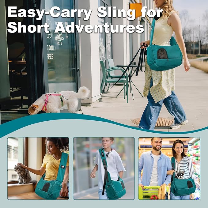 Dog Sling Carrier for Small Pets, Hands-Free Cat Carrier Pouch up to 8.8 lb, Cat Sling with Safety Strap and Pockets, Ideal for Travel and Daily Use, Peacock Blue