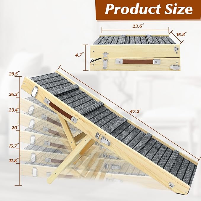 TNELTUEB Large Dog Ramp, 47.2" Long and 15.8" Wide Wooden Folding Portable Pet Ramp, Adjustable from 11.8" to 29.5" with Non-Slip Traction Mat, Dog Ramps for Car, Bed, Couch, Rated for 150 LBS