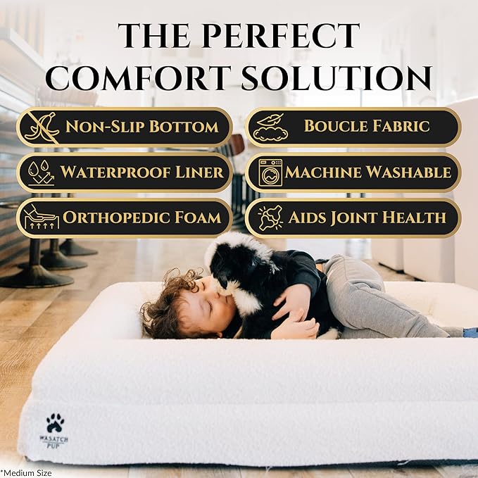 Luxury Boucle Fabric Orthopedic Large Dog Bed with Memory Foam | Breathable Comfort and Washable Dog Couch Bed with Waterproof Liner & Cover | Ideal Pet Beds for Big Dogs - Grey (45"x36x7)