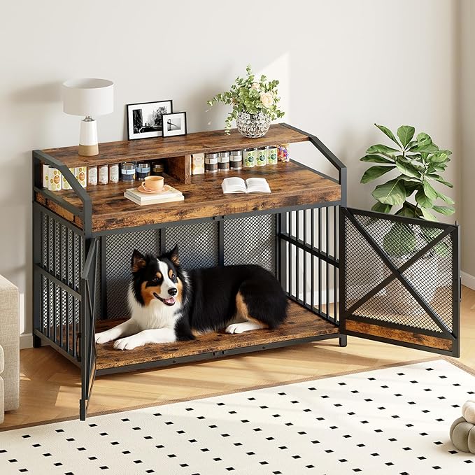 HOOBRO 43.3" Dog Crate Furniture, Heavy Duty Dog Kennel Indoor with Storage Shelves, Wooden Dog Cage with LED Lights, for Medium Large Breed, Rustic Brown and Black BF89DGW03