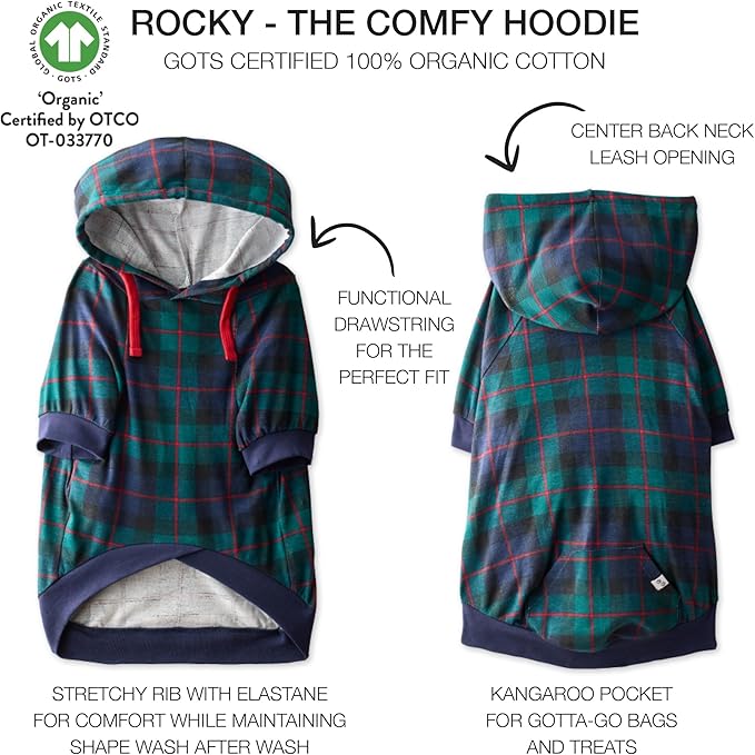 Rocky – The Orginal Lightweight Hooded TEE 100% Organic Cotton Dog Hoodie Pet Coat Sweater for Small, Medium, Large Dogs, Black Watch Plaid, Medium