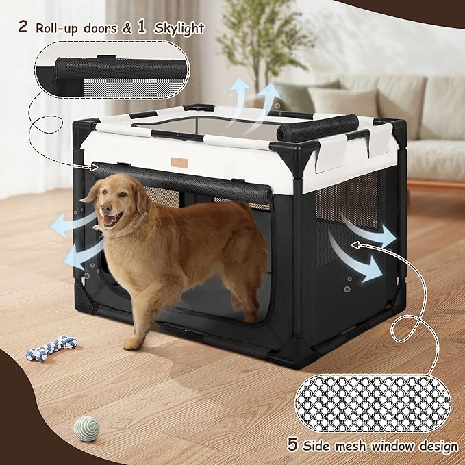Dog Crate - Soft Pet Kennel for Dogs/Cats, 3-Door Breathable Travel Cage with Mesh Window, Portable Dog Kennel for Indoor & Outdoor, Black-XL