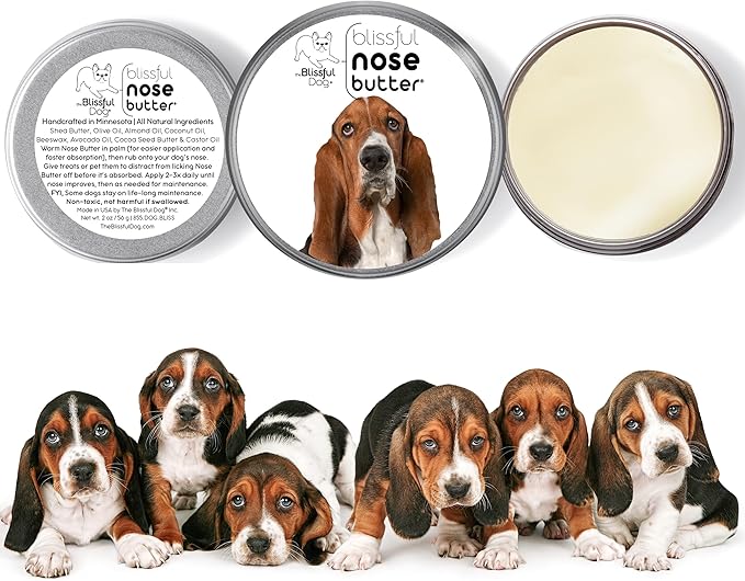 The Blissful Dog Basset Hound Nose Butter for Dry, Cracked Skin, Lick-Safe Dog Nose Balm with Moisturizing Shea Butter, Almond, Olive, and Essential Oils, Pet Supplies, Uncented, 2 oz.