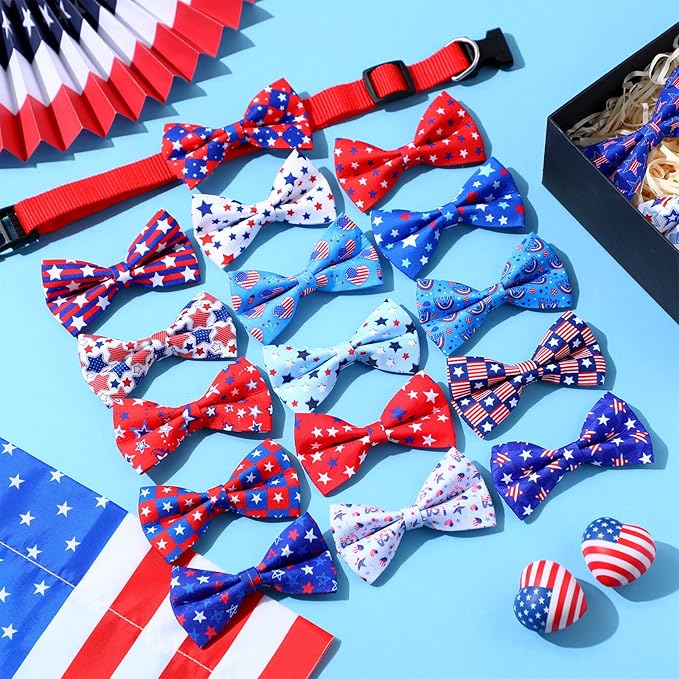 Hillban 50 Pcs Patriotic Collar Dog Bow Ties Blue and Red Star Print Dog Collar Accessories Bow Ties Attachment with Elastic Bands Detachable Charms for Pets Collar 4 of July Costume