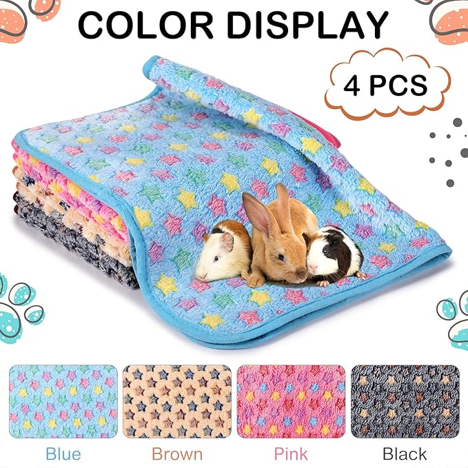 Reginary 4 Pcs Waterproof Guinea Pig Blankets Washable Small Animal Fleece Bedding Absorbent Guinea Pig Cage Liners Reusable Pet Pee Pad Sleep Mat for Hamster Ferret(Star Pattern,24 x 47 Inch)