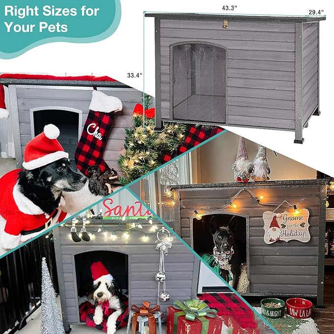 Indoor Outdoor Dog House,Anti-Chewing Iron Frame Dog Kennel,Wood Warm Pets Home,Weatherproof Outside Shelter