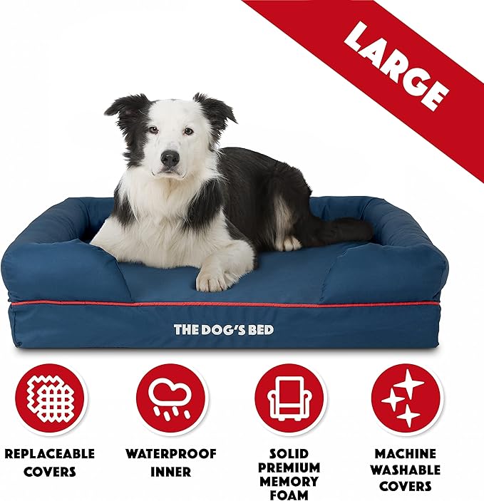 The Dog’s Bed, Large Oxford Blue/Red 36x27 Memory Foam, Pain Relief: Arthritis, Hip & Elbow Dysplasia, Post Surgery, Lameness, Supportive, Calming, Waterproof Washable Cover, Veterinary Approved