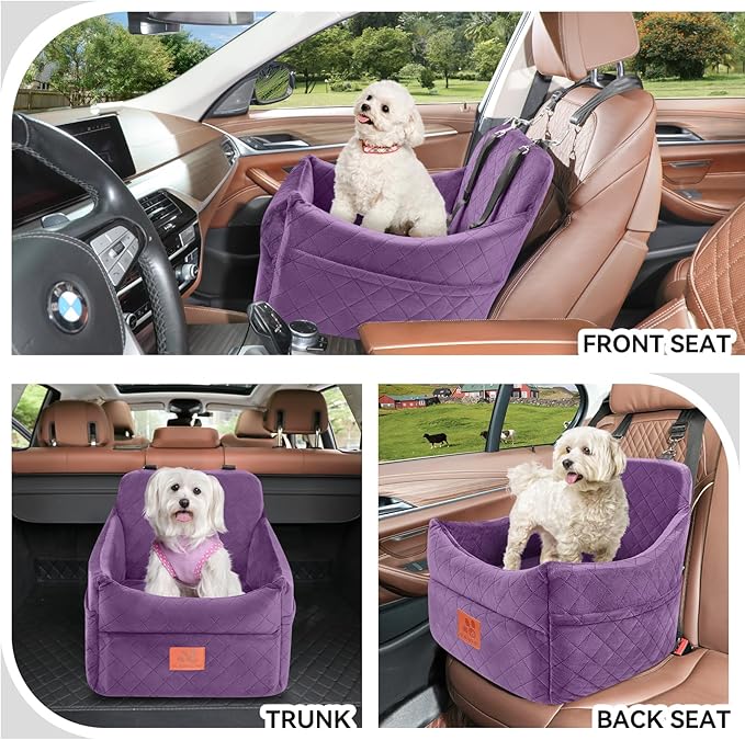 Dog Car Seat for Small/Medium Dogs, Dog Booster Car Seats with Thick Cushion for Dogs Under 35lbs, Detachable Washable Pet Carseat with Storage Pockets, 2 Safety Belts(Purple)