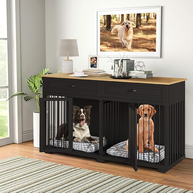 Large Dog Crate with Double Rooms, 72" Heavy Duty Wooden Dog Cage Furniutre Dog Crate Kennel w/Drawers & Removable Divider,Indoor Luxury Dog House for Large Dogs,Black