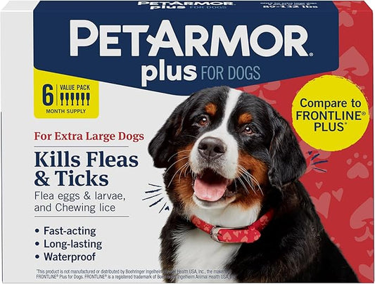 PetArmor Plus Flea and Tick Prevention for Dogs, Dog Flea and Tick Treatment, 6 Doses, Waterproof Topical, Fast Acting, X-Large Dogs (89-132 lbs)