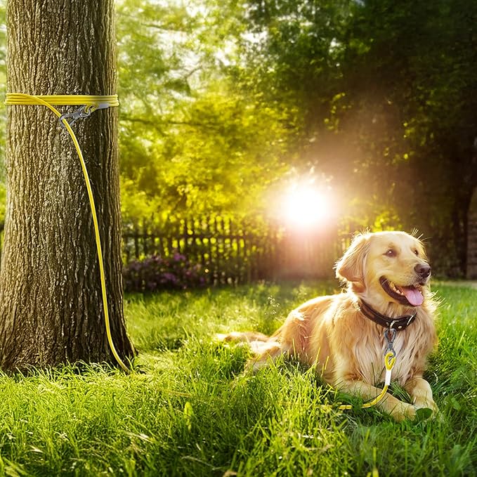 Tresbro 50FT Reflective Tie Out Cable for Dogs Up to 250 Pounds, Steel Wire Lead Leash Cable with Stainless Rotatable Buckle, Lightweight and Enduring, Dog Chains Outside for Outdoor, Yard, Yellow