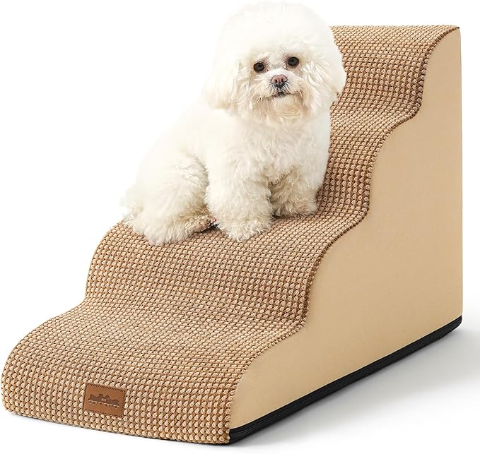 Dog Stairs for Small Dogs 19.7" H, Curved Dog Step for Puppy, Older or Cat, Medium Pet Ramp for Sofa, Couch or Bed, Ladder with High Density Foam, 15.7x28.3x19.7 inch, 4 Step, Light Brown