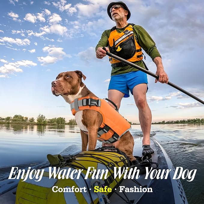 Pawaboo Dog Life Jacket, Reflective Dog Safety Vest Adjustable Pet Life Preserver with Strong Buoyancy & Sturdy Rescue Handle, Ripstop Dog Lifesaver Vests for Swimming, Boating, XL, Orange