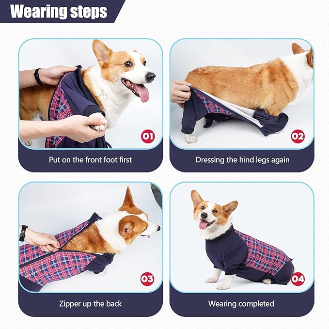 Dog Recovery Suit, Abdominal Wound After Surgery Wear, Anti Licking Bodysuit with Zipper, E-Collar & Cone Alternatives, Plaid Dog Spay Surgical Onesie Prevent Shedding(Medium, Red)