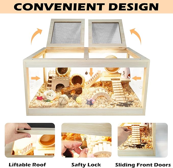 Prolee Hamster Habitat Chewproof, Mice and Rat Habitat with Transparent Sides, Hamster Cage with Openable Mesh Top, Solid Built with Lock Design (32" L x 16" W x 16" H)