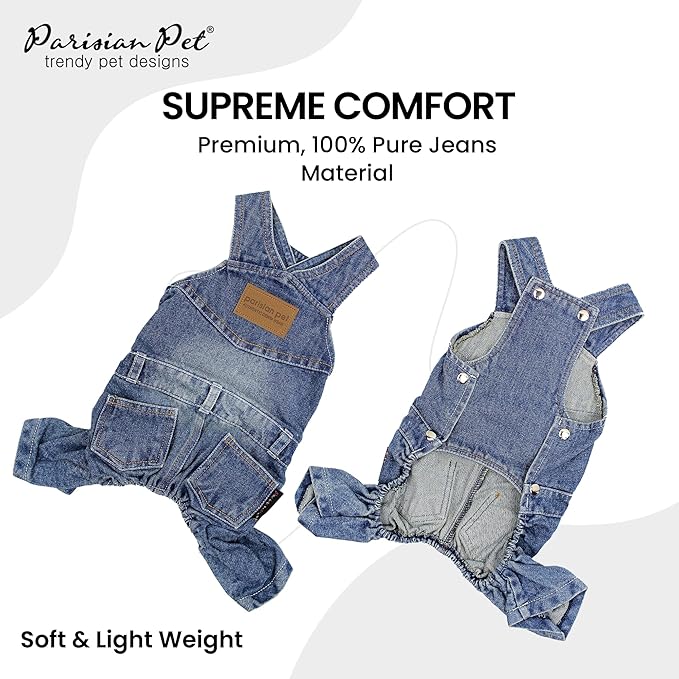 Parisian Pet Denim Overall - Blue Dog Jeans Outfit - Breathable Puppy Jumpsuit Costumes - Machine Washable Overall for Dogs - Dog Clothes for Large Dogs - L