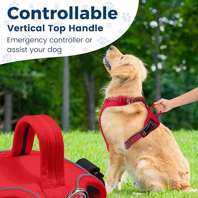 Funfox Dog Harness No Pull, Adjustable Pet Vest Harness, Super Soft Material with Vertical Handle Easy Control, Reflective Night Walking, 2 Leash Clips for Large Dogs, Red, L