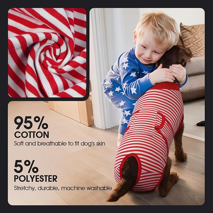 FUAMEY Dog Recovery Suit Male,Dogs Surgery Neuter Suits Puppy Spay Shirts for Female Protect Dog's Skin Anti Licking Abdominal Wounds Doggie Onesie Pet Bodysuit Alternative to Cone Red Stripes S