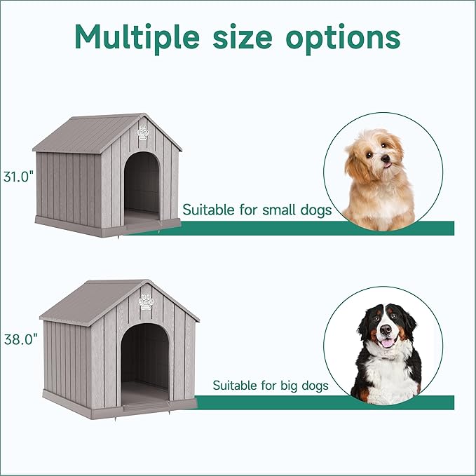 Vixzen Large Outdoor Dog House,Durable Water Resistant Resin Dog House,Doghouse for Small to Large Dogs Indoor or Outside,with Openable Windows and Elevated Floor,Gray