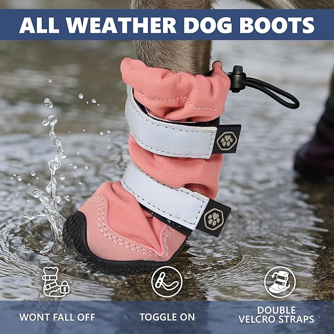 Spark Paws Dog Shoes, Waterproof Dog Boots for Medium to Large Dogs, Non Slip, Breathable Dog Booties and Paw Protectors - 4PCS Doggie Hiking Boots with Reflective Straps - Pink - Size 4