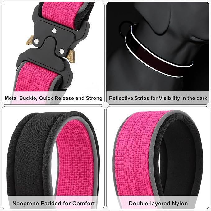 Plutus Pet Tactical Dog Collar, Reflective, Adjustable Heavy Duty Dog Collar, Soft Padded and Comfortable, for Small Medium and Large Dogs (Hot Pink, M)