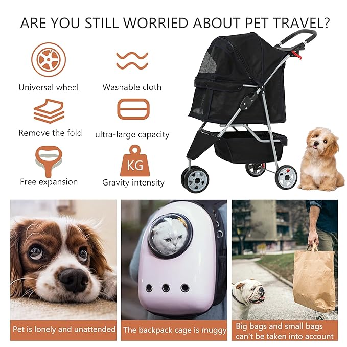 Travel Folding Pet Jogger for Small Medium Dog Cat - Folding Stroller with Storage Basket, Removable Cup Holders (Black, 3 Wheels)