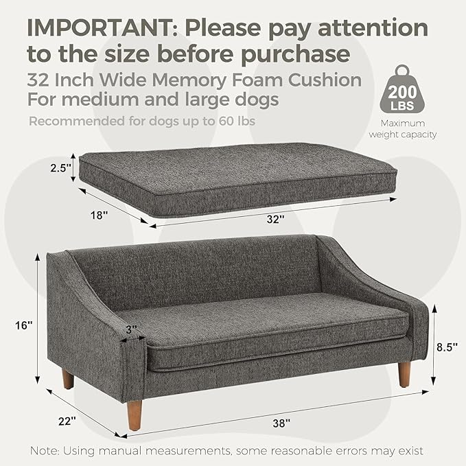 Dog Sofa Couch for Medium to Large Dogs, Durable Pet Sofa with Washable Fabric, Elevated Mini Dog Bed with Wooden Legs for Medium and Large Dogs, Dark Grey