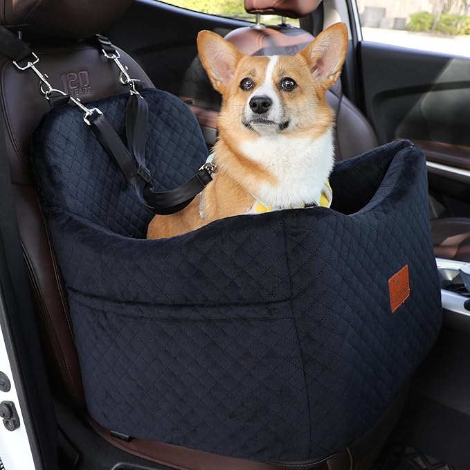 Dog Car Seats-Memory Sponge and Velvet Pet Booster Car Seat,Safety and Comfy,Ride Height 6" Elevated Enough to See Out The Window,Both Front and Back Seats Apply,Esay to Install and Clean.(H-Black)