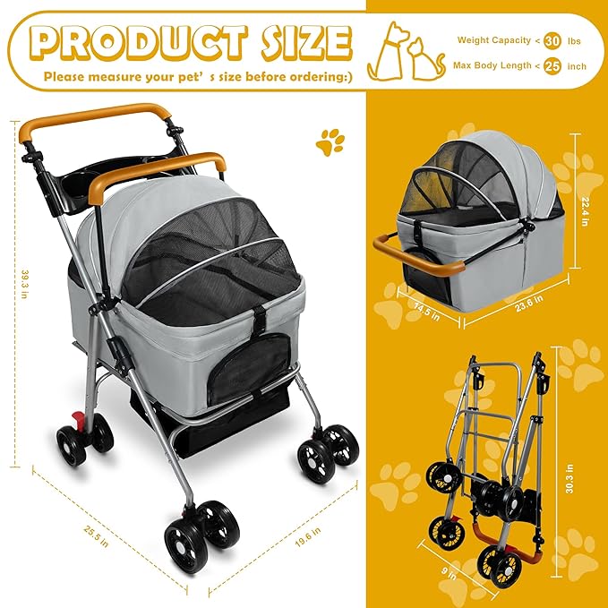 Pet Stroller with Storage Basket and Cup Holder, Folding Dog Jogger, Foldable Cat Stroller, 3 in 1 Puppy Kitten Cart, Pet Jogger for Medium Dog Cat (Gray)