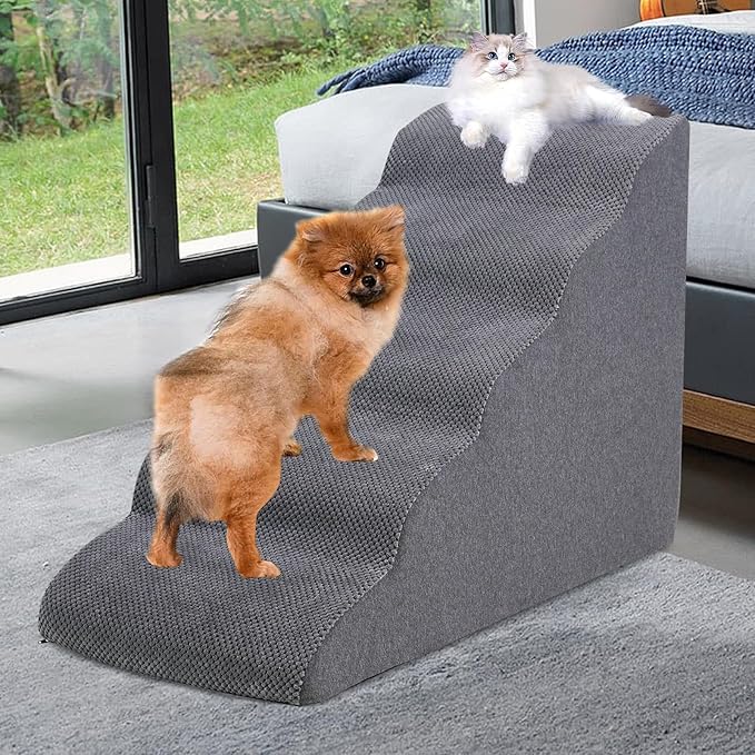 Dog Stairs&Steps for High Beds Up to 28'', 5-Step Dog Ramp for Small Medium Dogs with Washable Cover, Non-Slip Steps for Cats to Get on Couch and Sofa, Durable Foam Ladders, 24.4" Tall, Grey