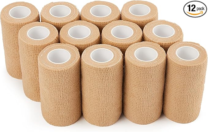 PHYTOP Self Adhesive Bandage Wrap 4 inches x 5 Yards, 12 Pack of Cohesive Tape for First Aid, Sports, Wrist and Ankle, Also for Horses & Dogs as Vet Wrap (Beige)