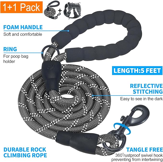 Heavy Duty Tactical Dog Harness for Large Dogs, No Pull Adjustable Pet Harness Reflective Service Training Easy Control Pet Vest Military K9 Working Dog Harnesses- Large, Black