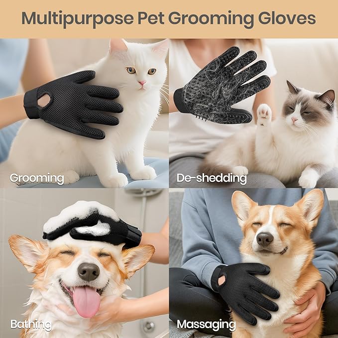 Pet Hair Remover Glove - Gentle Pet Grooming Glove Brush - Deshedding Glove - Massage Mitt with Enhanced Five Finger Design - Perfect for Dogs & Cats with Long & Short Fur - 1 Pack (Right-hand), Black