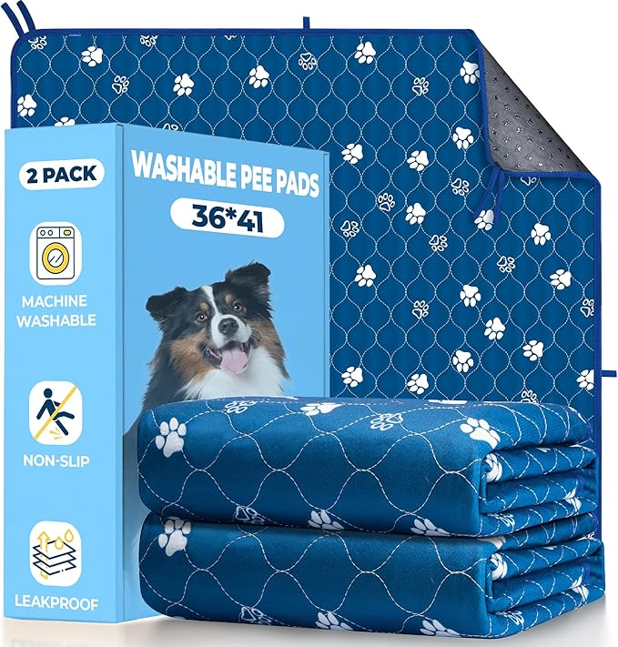 Fostanfly Washable Pee Pads for Dogs, 2 Pack Large 36"x41" Ultra-Absorbent and Leak-Proof Non-Slip Reusable Potty Training Pads for Dogs, Puppy & Cats of Add 8 Lanyards-Blue