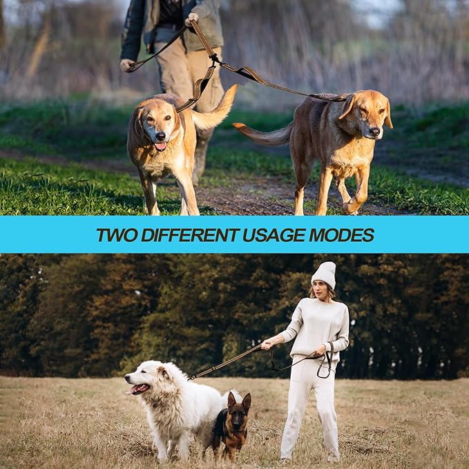 PetBonus Double Dog Leash, No Tangle Dual Leash, Reflective Walking Training Lead, 4 Comfortable Padded Handles for 2 Dogs with Collapsible Bowl and Waste Bags (Brown, Large)