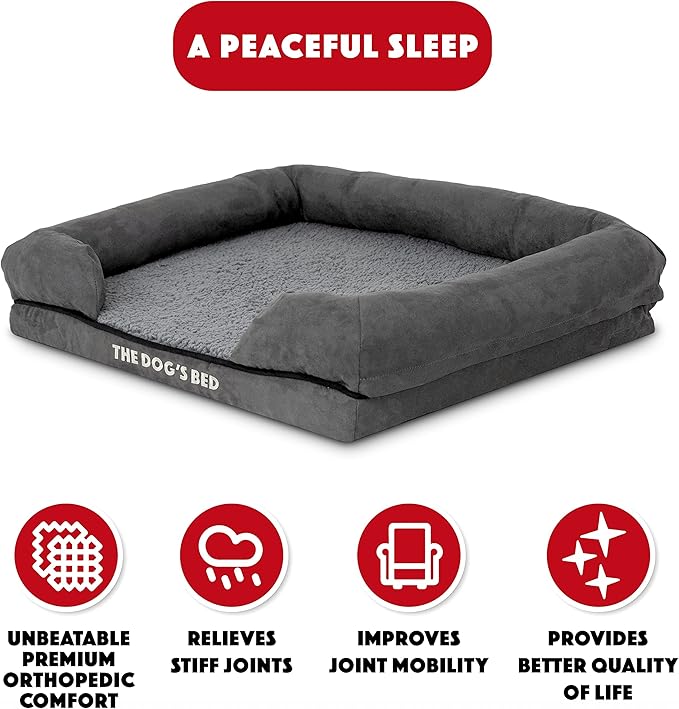 The Dog’s Bed, Small Plush Grey, Memory Foam, Pain Relief: Arthritis, Hip & Elbow Dysplasia, Post Surgery, Lameness, Supportive, Calming, Waterproof Washable Cover, Veterinary Approved