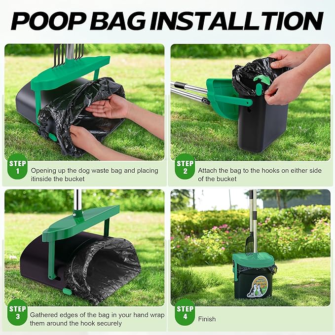 UPSKY Dog Pooper Scooper Swivel Bin & Rake Kit with 100 Waste Bags,33.4" Stainless Steel Long Handle Heavy Duty Pet Poop Shovel for Large Medium Small Dogs, Odor-Proof Lid for Yard/Lawn/Outdoor Use