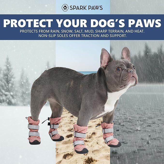 Spark Paws Dog Shoes, Waterproof Dog Boots for Medium to Large Dogs, Non Slip, Breathable Dog Booties and Paw Protectors - 4PCS Doggie Hiking Boots with Reflective Straps - Pink - Size 7