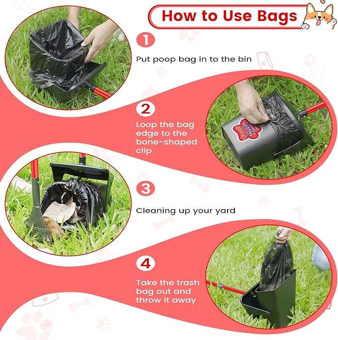 Pooper Scooper Swivel Bin and Rake with 60 Waste Bags, Heavy Duty Dog Poop Scooper for Large Medium Small Dogs, Long Stainless Steel Handle Use on Yard, Grass, Dirt or Gravel