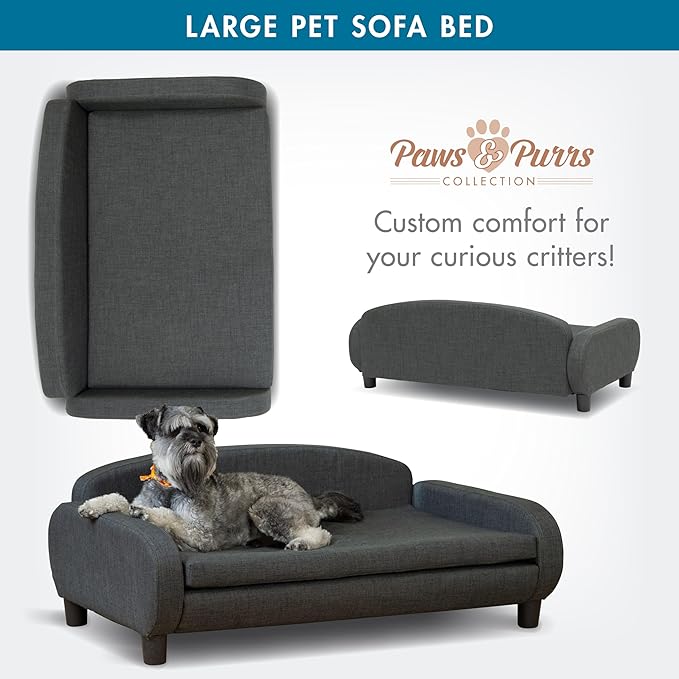 Paws & Purrs Multi-Cat Sofa Bed – 41.5″ Wide Elevated Pet Couch with 3″ Foam Mattress, Removable Machine-Washable Cover – Stylish Indoor Pet Furniture for Two or More Cats and Dogs, Gray