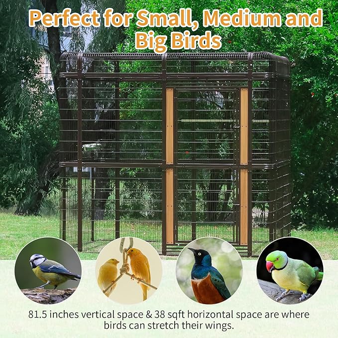 Large Bird Cage for Parakeets Outdoor Bird Aviary Parrot Cage with Perch, Walk-in Heavy Duty Birdcage for Macaws Canaries Parrots Budgie Lovebirds, Brown
