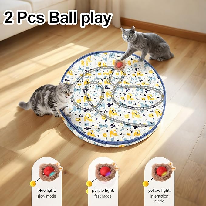 Interactive Cat Toys Ball - 2pcs Automatic Fast Rolling Ball in Play Mat, Hide and Seek Mouse Catching Game, Low-Noise Cat Enrichment Toys in Pouch for Indoor Bored Cats(Paw Print Pattern - Round)