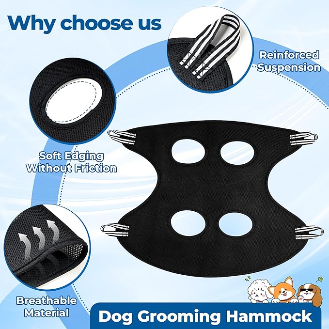 Pet Grooming Hammock for Cats & Dogs, Breathable Mesh Dog Hanging Harness for Nail Trimming, Grooming, Bathing Includes S Hooks, Comfortable Dog Grooming Harness (Black)