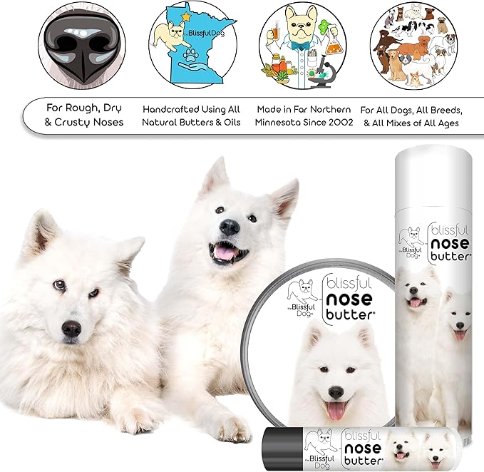 The Blissful Dog Samoyed Nose Butter for Dry, Cracked Skin, Lick-Safe Dog Nose Balm with Moisturizing Shea Butter, Almond, Olive, and Essential Oils, Pet Supplies, Uncented, 8 oz.